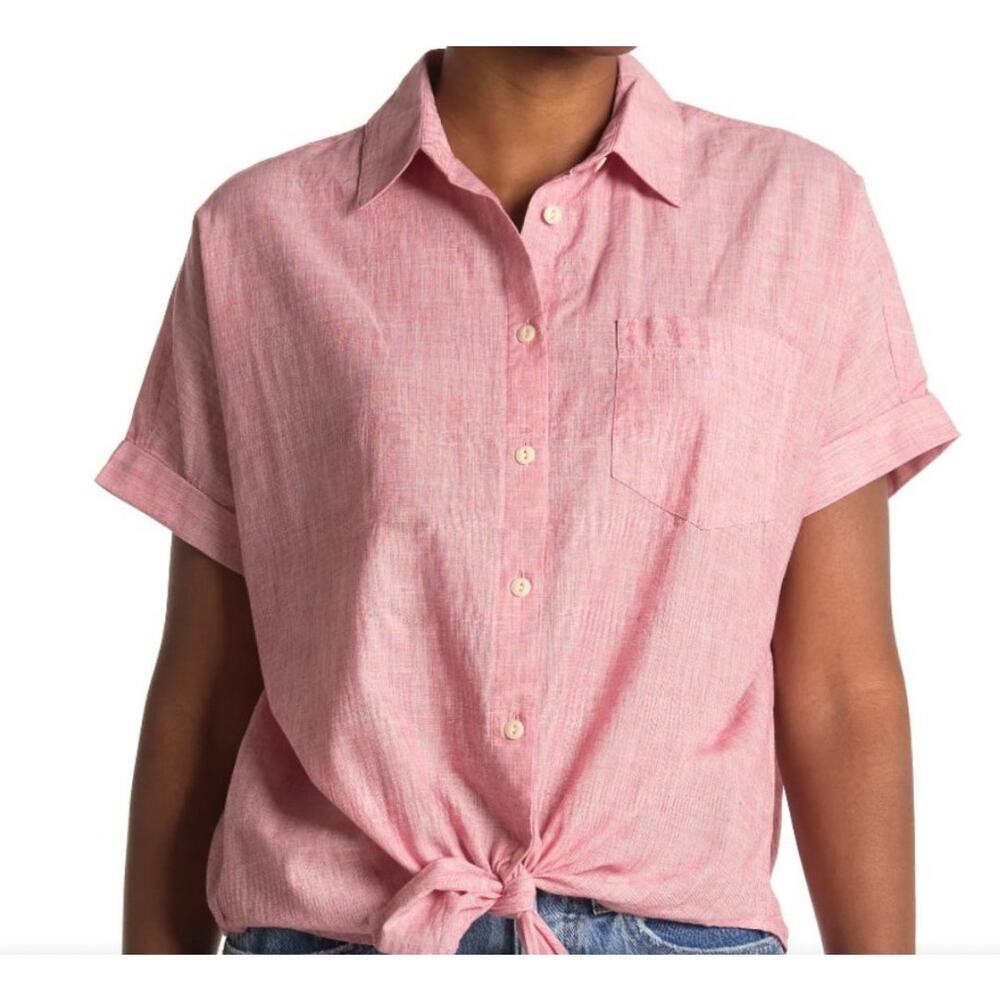 Madewell Red Short Sleeve Button Front Tie Hem Shirt Women M Casual Summer Top
